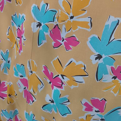 tissu grandes fleurs sur fond jaune paille