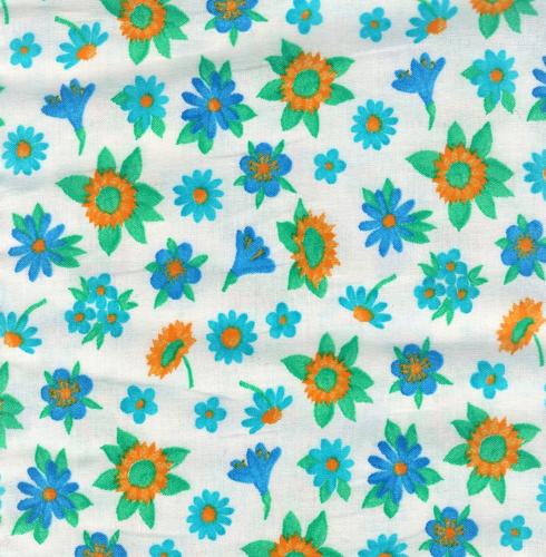 tissu EMMA fleurs orange - bleu - vert - fond blanc