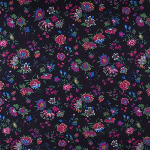 tissu  flanelle  ANOUCHKA fleurs colorées sur fond noir