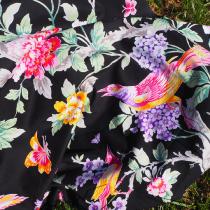 tissu oiseaux -pivoines fuschia et parmes fond noir