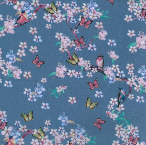 tissu fleurs de pommiers- oiseaux  - papillons - HIROTO