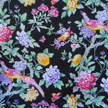 tissu oiseaux -pivoines fuschia et parmes fond noir