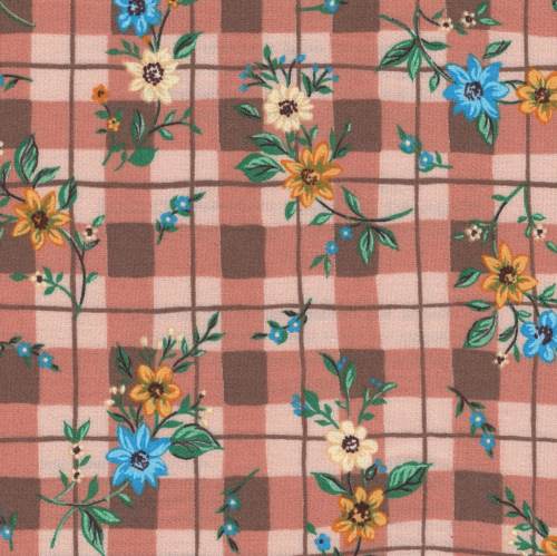 tissu flanelle fleurs   fond brun