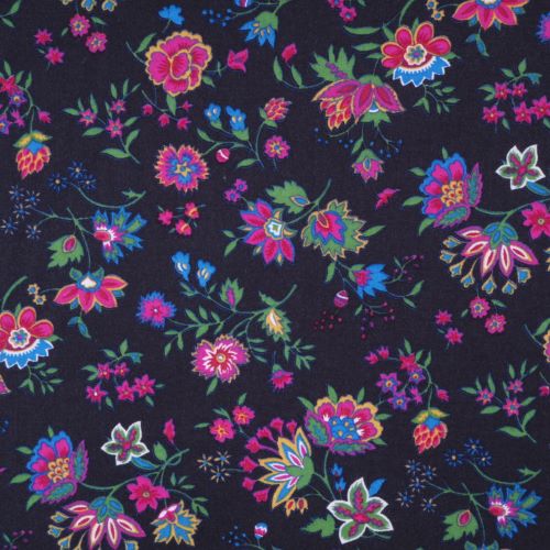 tissu  flanelle  ANOUCHKA fleurs colorées sur fond noir