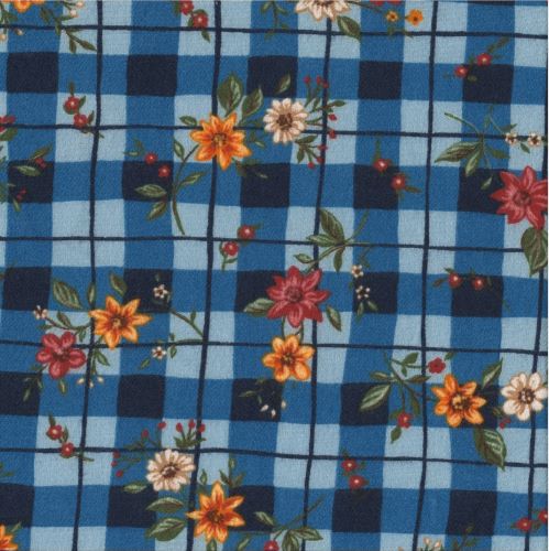 tissu flanelle AMANDA fleurs sur écossais bleu