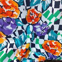 tissu viscose grosses fleurs sur damier 