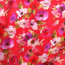 tissu fleurs pavots fond rouge coton froissé
