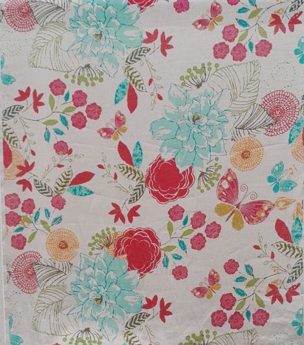 tissu fleuri Gardénia turquoise-papillons-fond lin