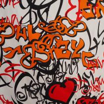 tissu FIDELE - street art - orange rouge noir fond blanc